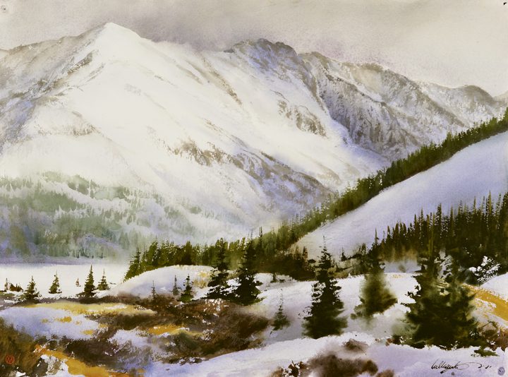 Painting of a mountain and pine trees