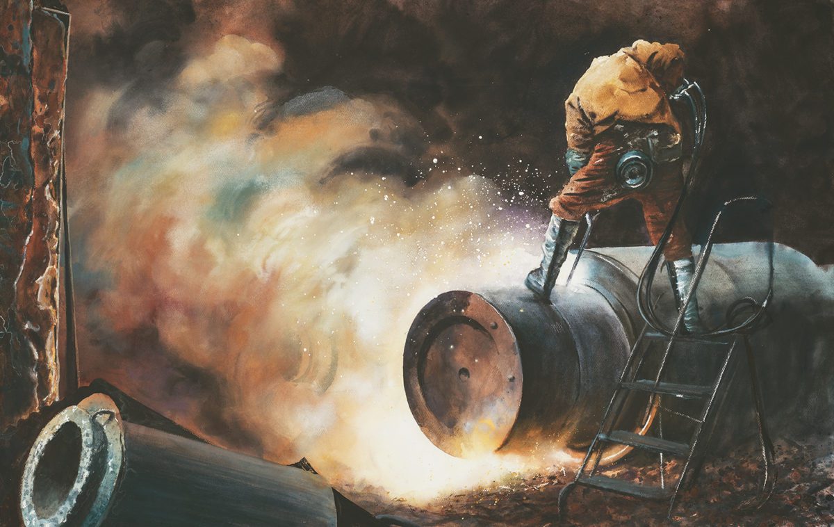 painting of a man welding