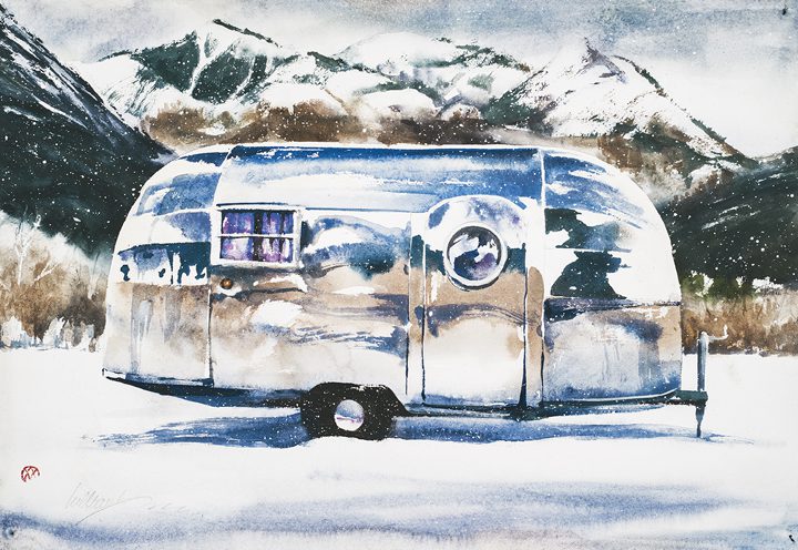 painting of a silver mobile home in the snow