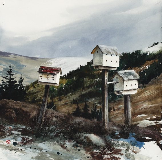 Painting of three bird houses