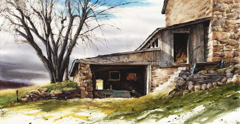 painting of a wooden shed 
