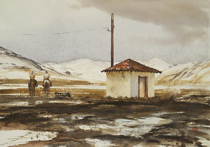 Painting of two cowboys and a small house