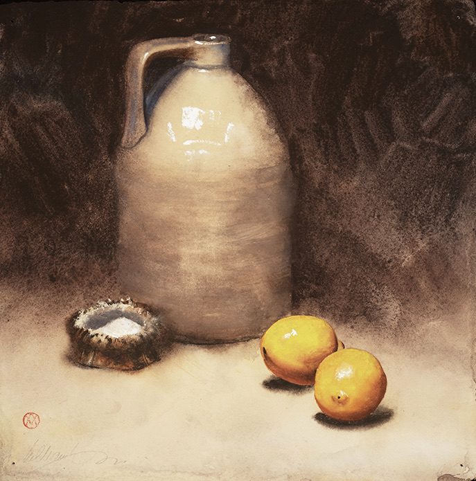 A painting of a white gallon and two lemons