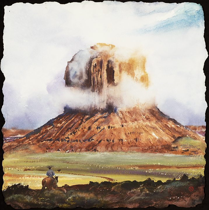painting of a tall mountain with a cowboy looking on