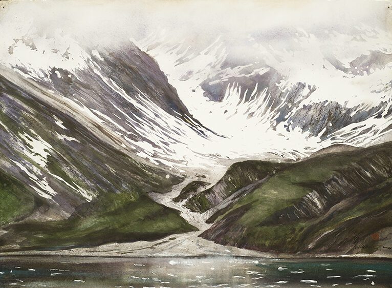 A painting of the mountains covered in snow and the lake