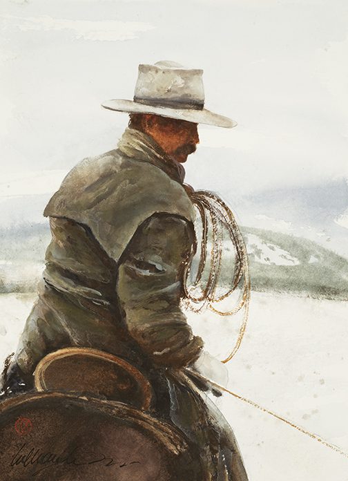An oil painting of the man in cowboy hat riding the horse