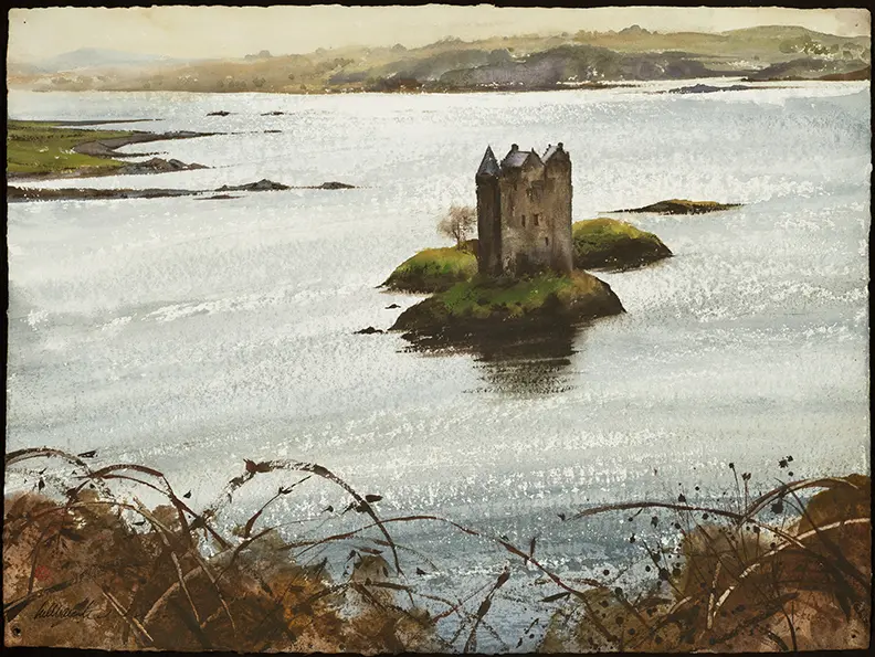 An oil painting of a lone building on an island