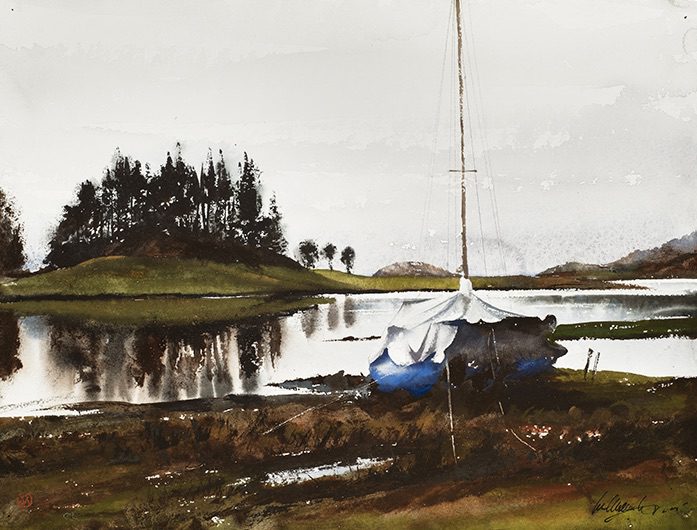 Oil painting of a tent near a river