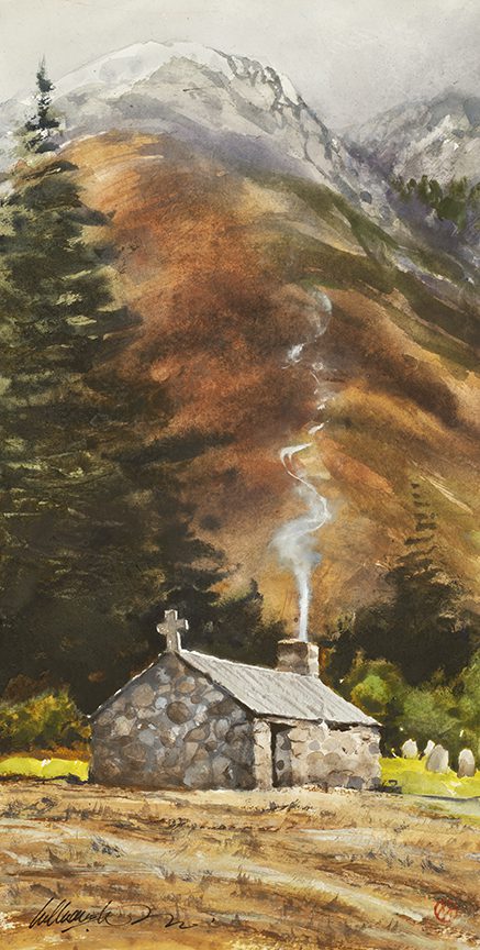A painting of a small church near the mountains
