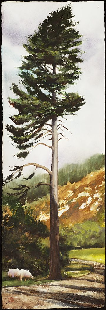An oil painting of the tall tree and the sheep's