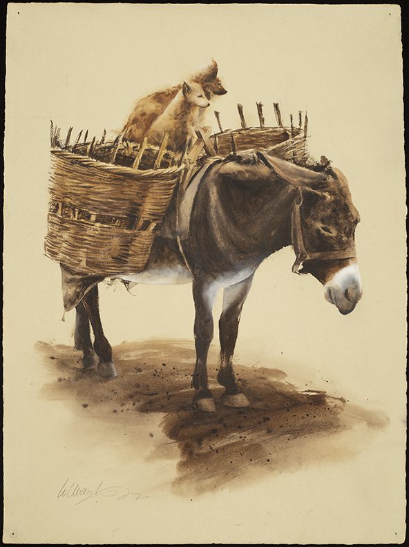 A painting of the donkey with two dogs sitting